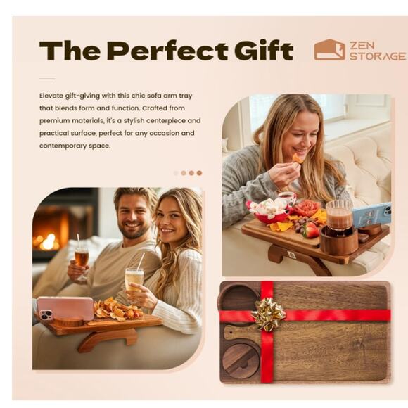 Acacia Wood Couch Arm Table Tray with Charcuterie Board & Phone Holder, Cup Slot - Picture 5 of 9